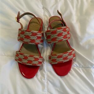 Tory Burch Red and Tan Espadrille Sandals